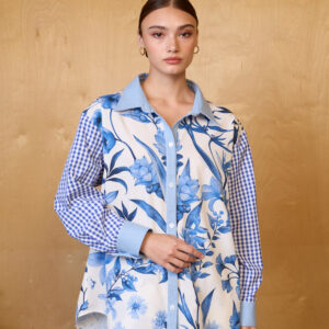 Floral and Gingham Print Button-Up Shirt